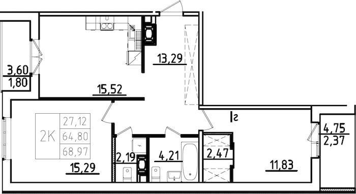 2-комнатная квартира 73.15 м², 9/9 эт., ЖК «IQ Гатчина 3»